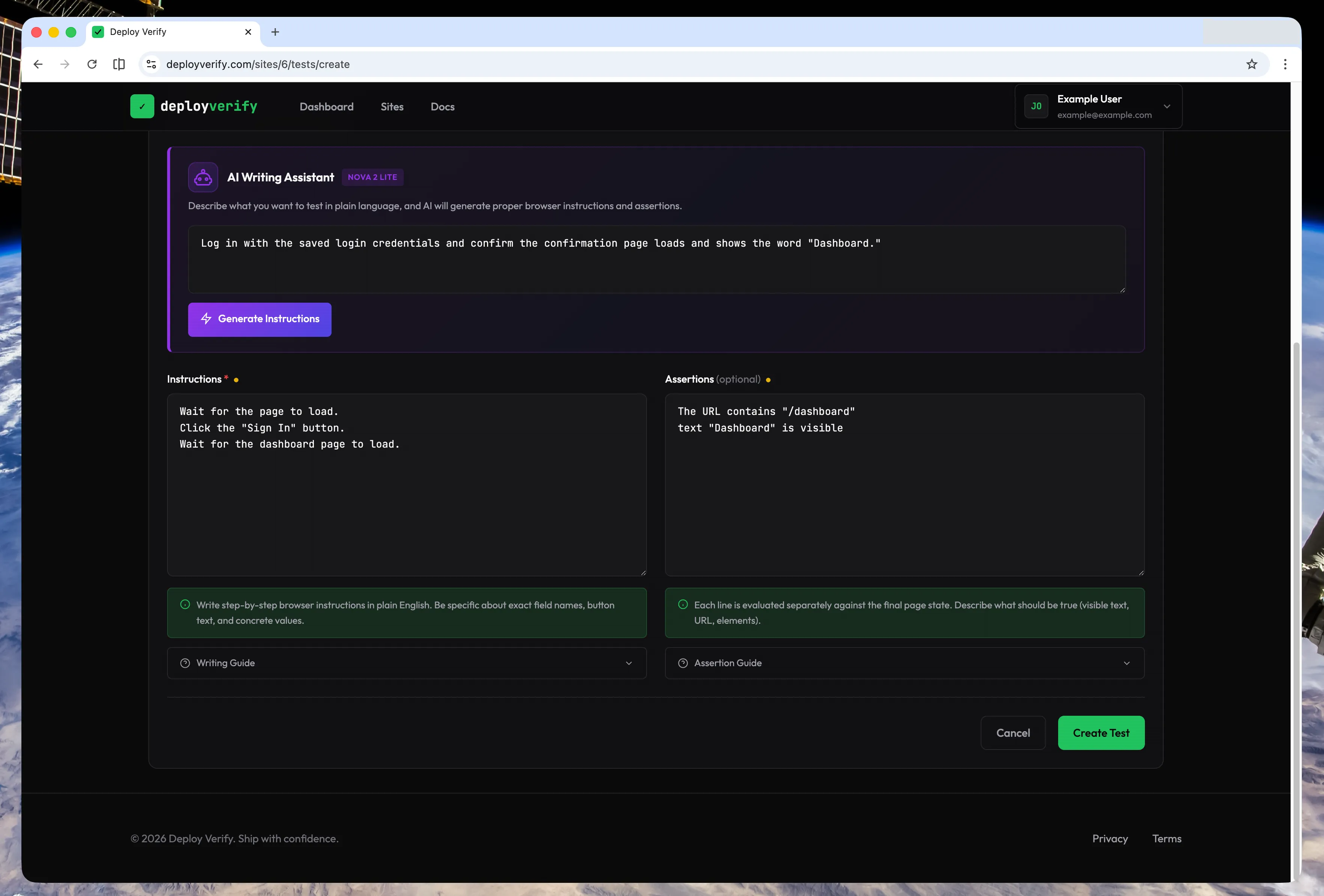 AI Writing Assistant panel showing description input and generated instructions