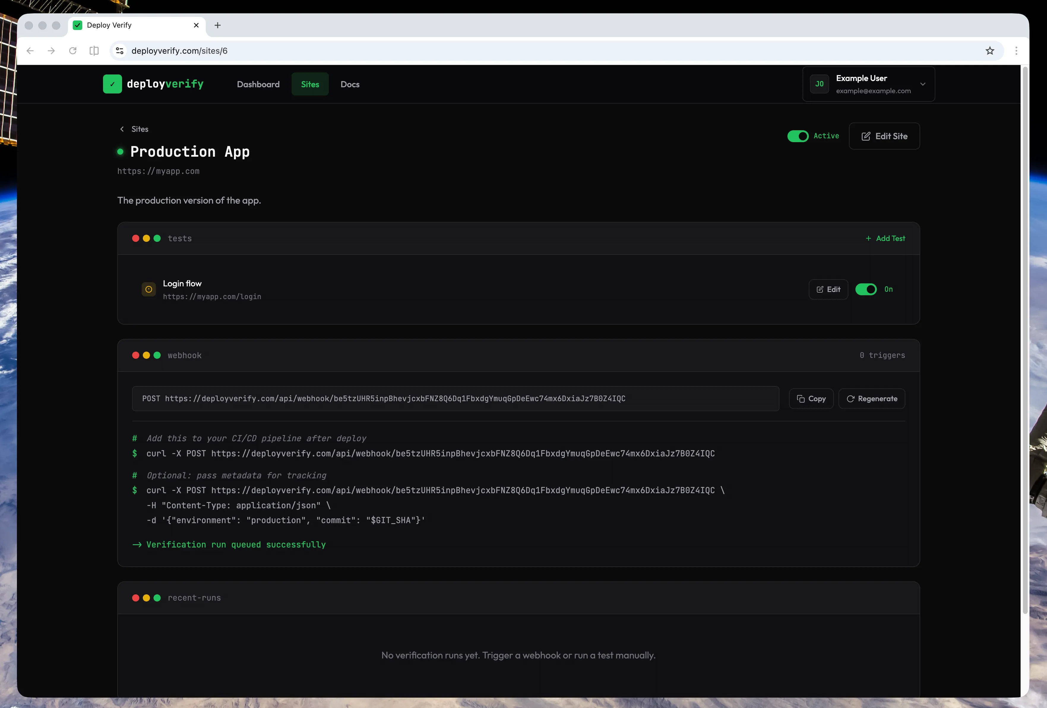 Site detail page showing webhook URL bar with copy button