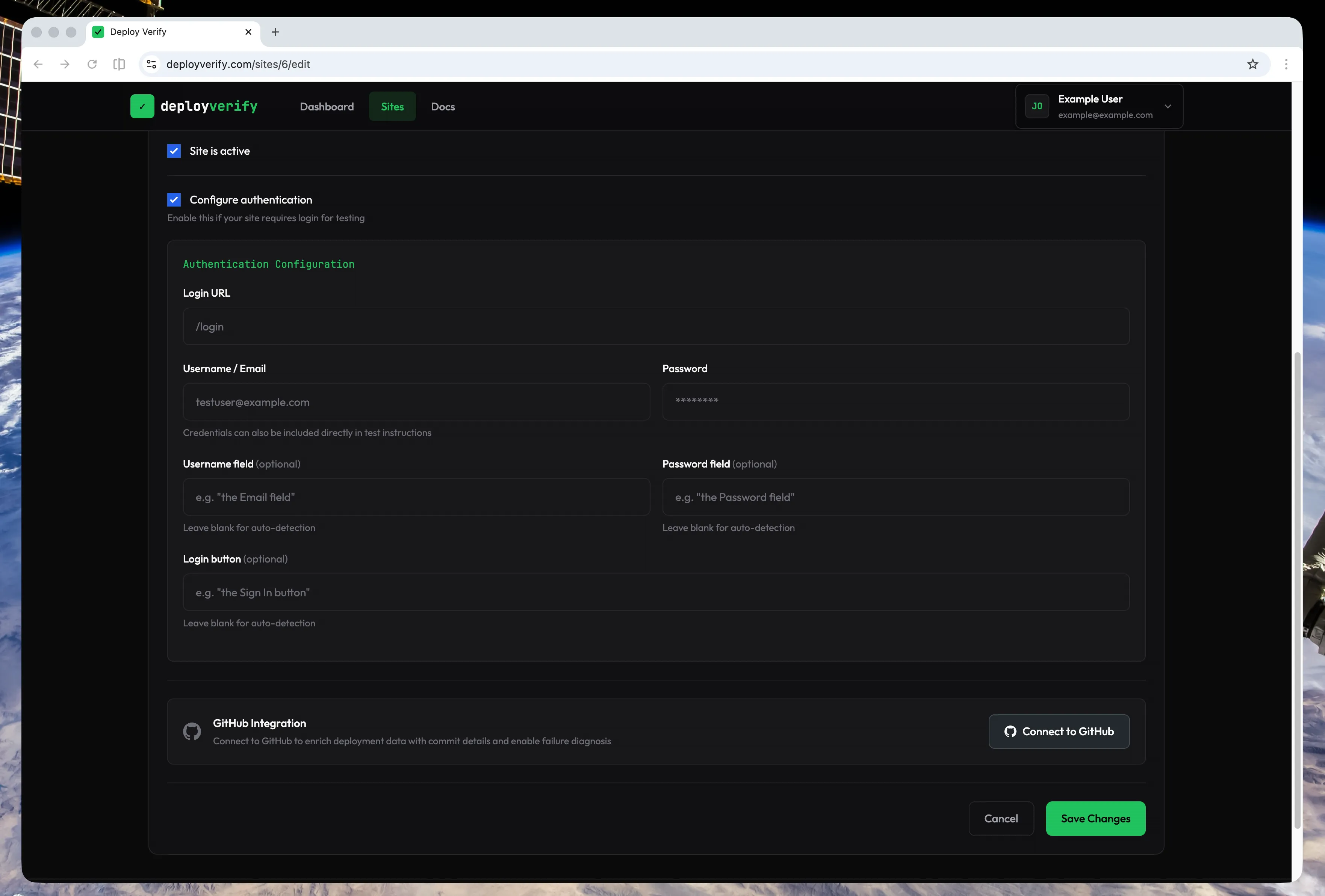 Site edit form showing the login credentials configuration