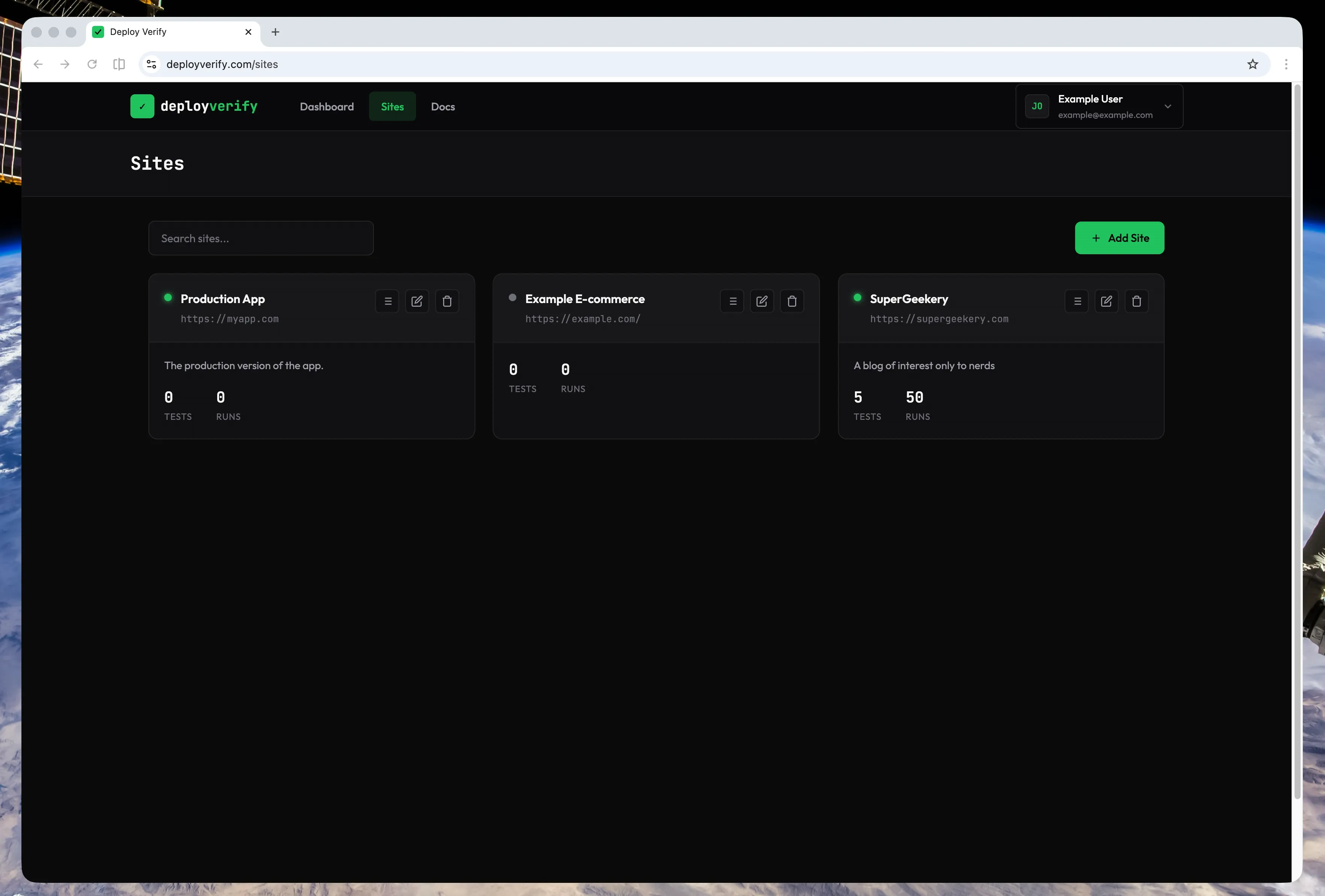 Sites index page showing site cards with status indicators