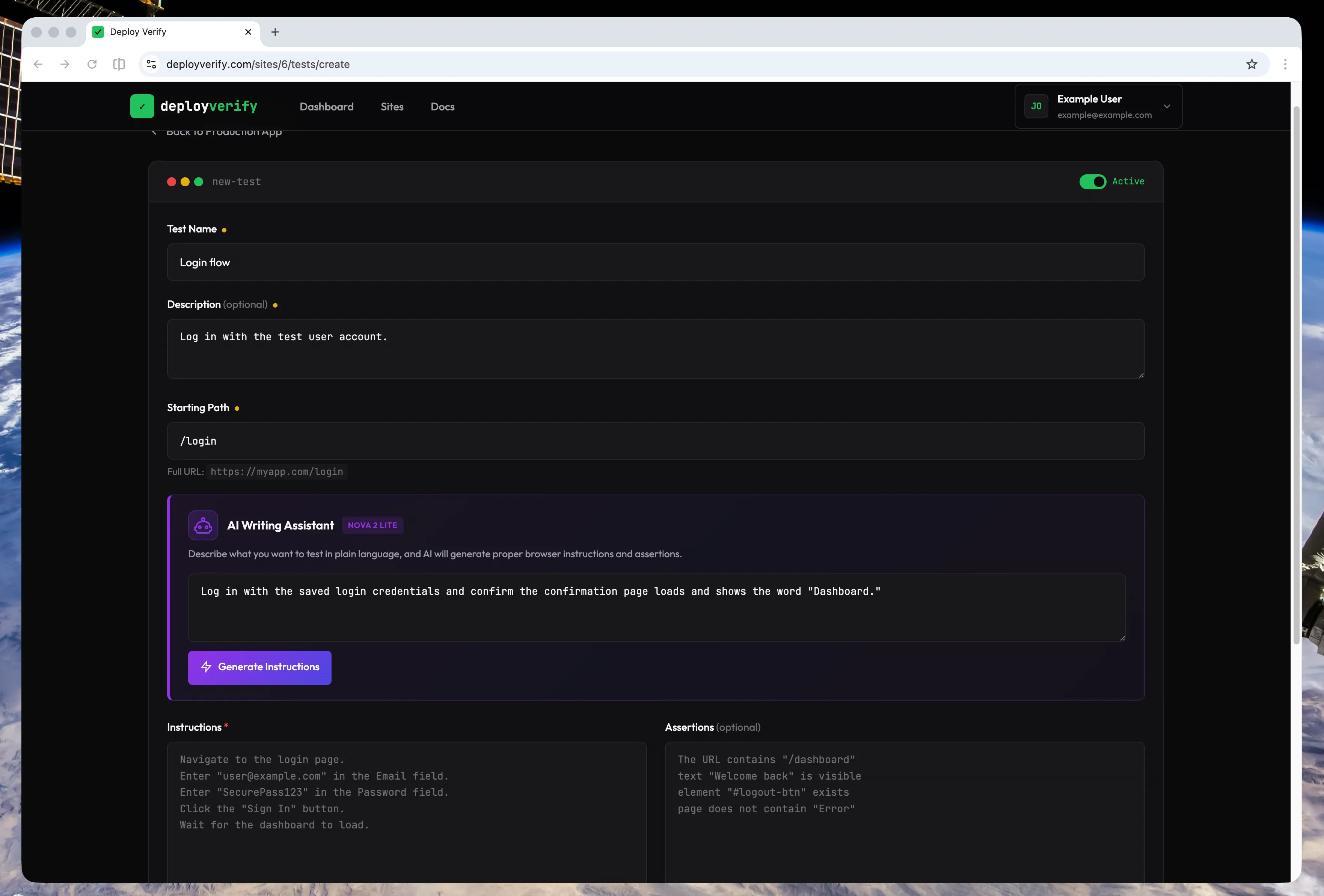 Test editor form with Name, Starting Path, Instructions, and Assertions