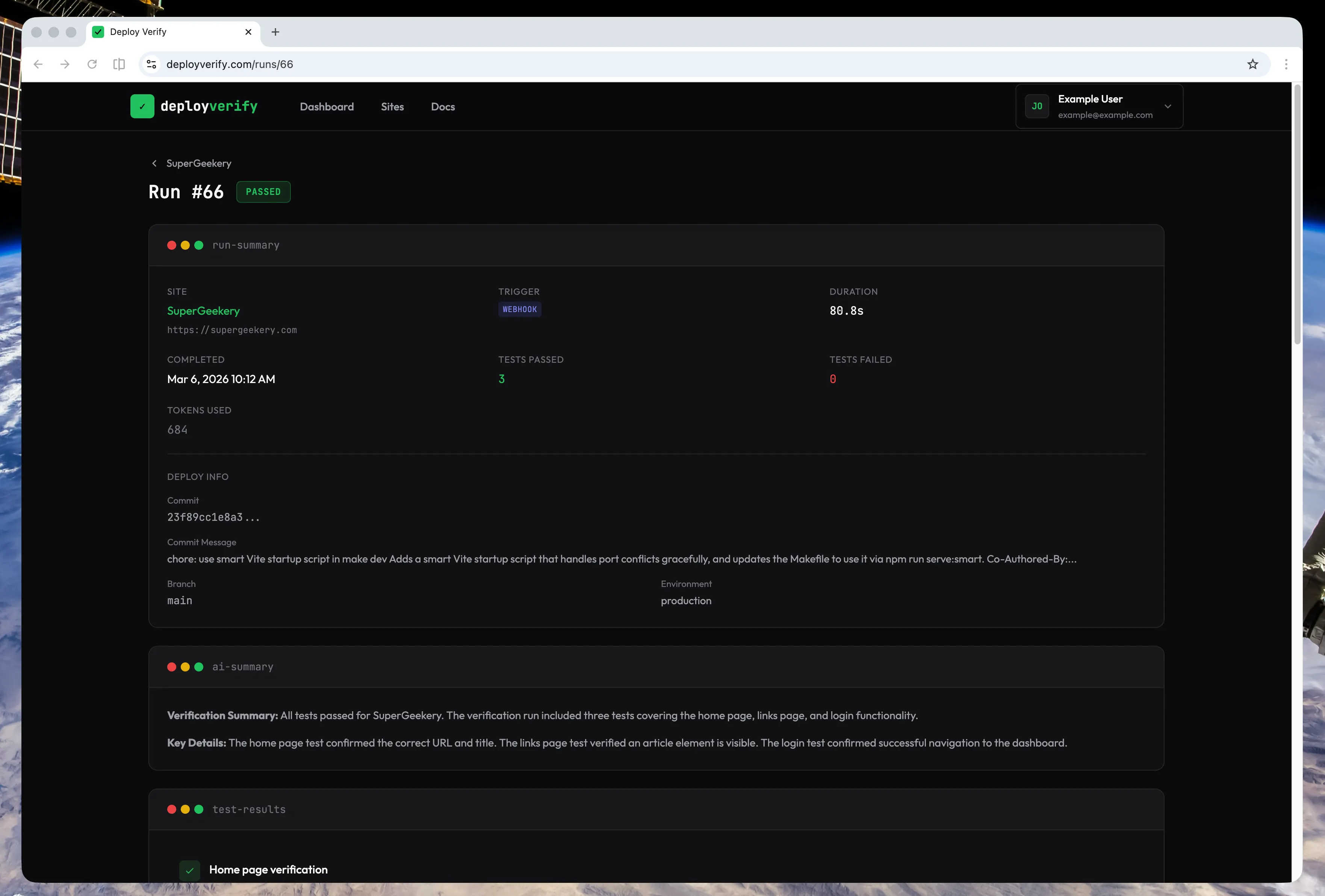Run detail page showing overall status, test results, and deployment metadata
