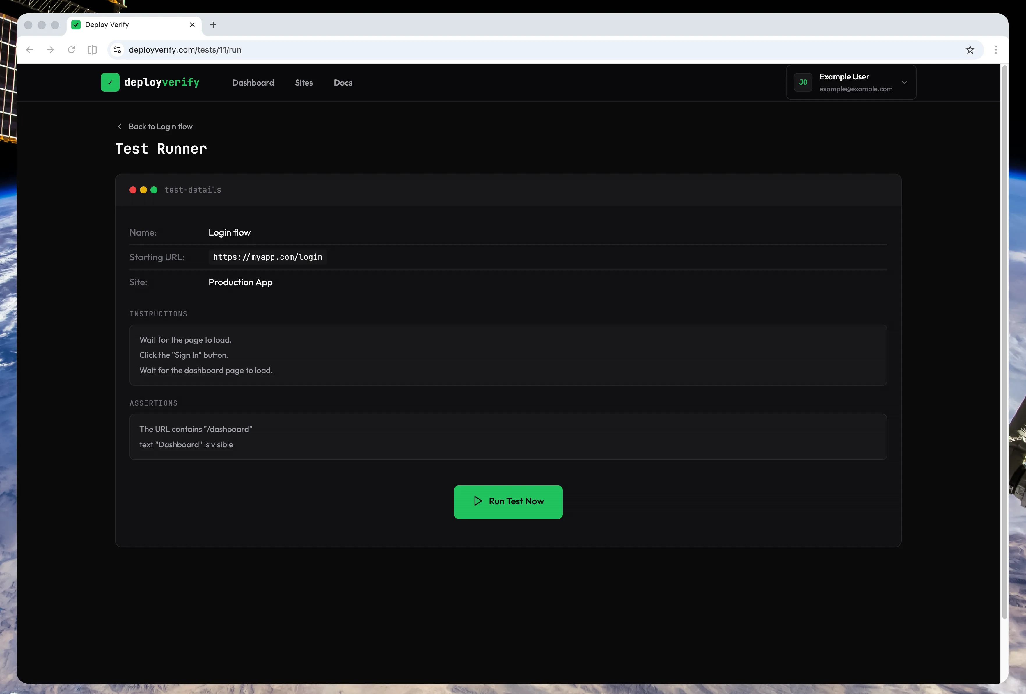 Test runner page showing a test in progress with real-time status